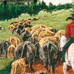 Marhacsordát terelő pásztor és kutyája